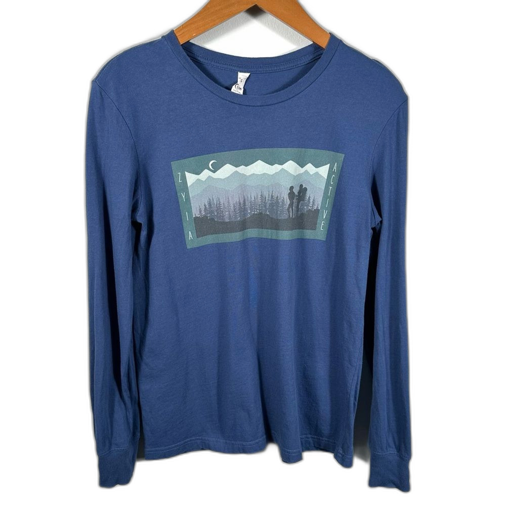 Zyia Active Navy Blue Hiking Graphic Long Sleeve Crew Neck T-Shirt Size Small